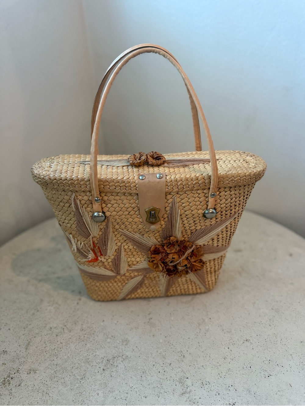 Natural Woven Straw Tote with Floral Applique - Beige